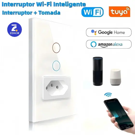 Interruptor Inteligente 1/2 Botão Com Tomada WiFi Smart Automação Zonix