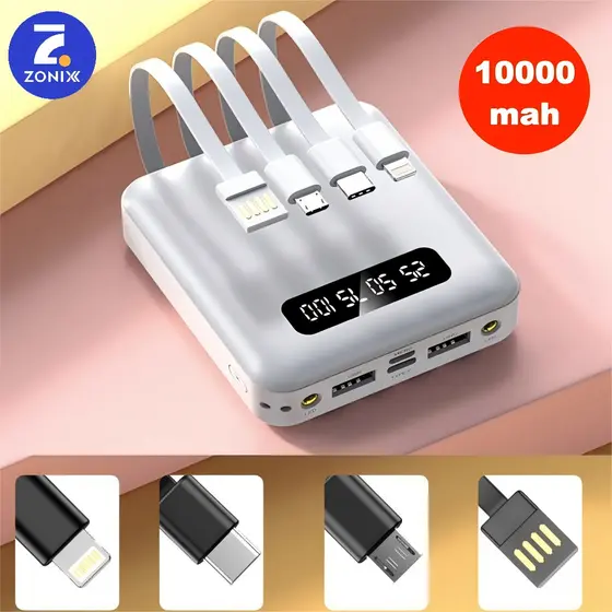 Carregador Portátil 10000mah con 4 cables de carga rápida Banco de energía digital LED com iluminação Zonix