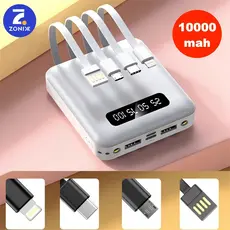 Carregador Portátil 10000mah con 4 cables de carga rápida Banco de energía digital LED com iluminação Zonix