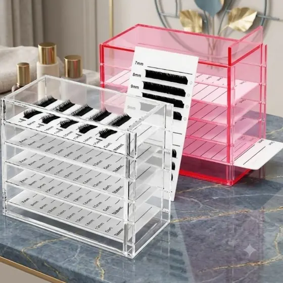 Lash Box Rosa Porta Cílios em Acrílico com 5 Placas para Extensão e Alongamento