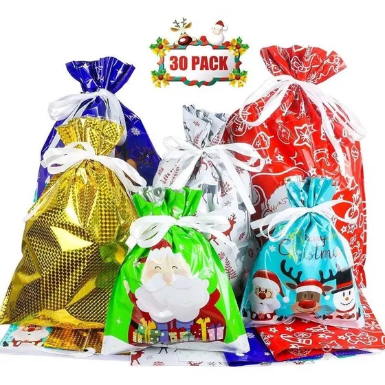 Novo estilo de sacos de presente com cordão de Natal Vários sacos de embalagem de presente de Natal, 30 peças por pacote