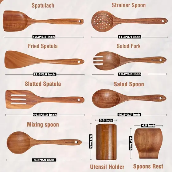 Conjunto de utensílios de cozinha de teca Natural Mooues de 9 peças, com suporte para colher - Colher de cozinha com ade