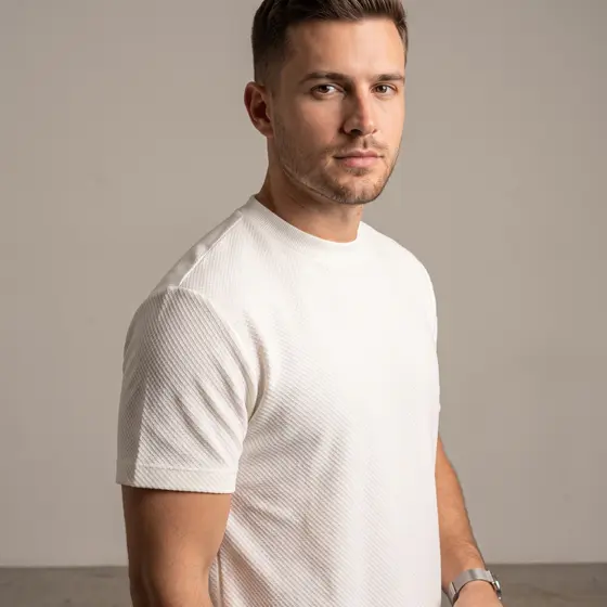 Camiseta Texturizada Masculina Manga Curta Gola Redonda 100% Algodão Premium