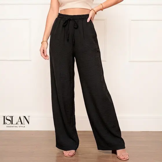 Calça Pantalona Cintura Alta Tecido Duna Feminina Wide Leg