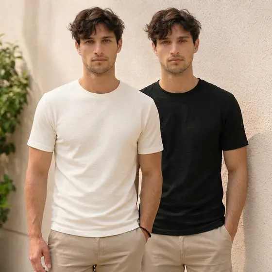 Kit 2 Camisetas Preto/Off White Básica Masculina Malha Flame Premium