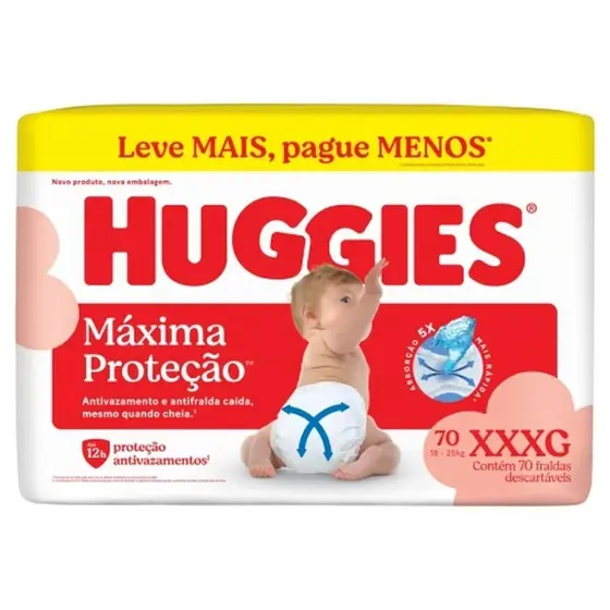 Fralda Descartável Infantil Huggies Máxima Proteção XXXG Pacote 70 Unidades Leve Mais Pague Menos