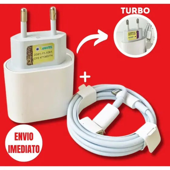 Carregador Turbo Tipo C Compatível P/ iPhone 11 12 13 14 15 Fonte 20W E Cabo Rápido Envio Imediato