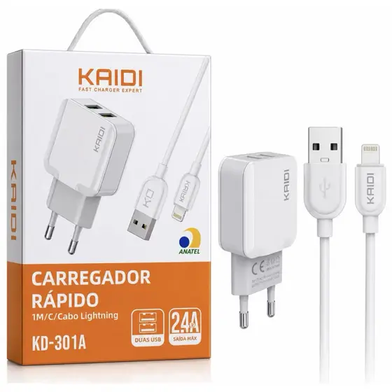 Carregador Rápido Kaidi KD-301A Original Anatel + Cabo IPhone