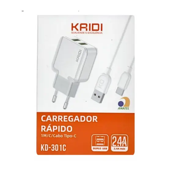 Carregador Celular Rápido Kaidi KD-301C Duplo USB Cabo Tipo C
