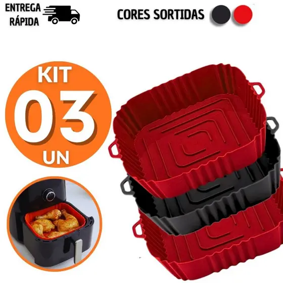 Kit 3 Formas Silicone Air Fryer Quadrada 21x4,5Cm Antiaderente Assadeira Forma Facilidade Lavável Multiuso Utilidades