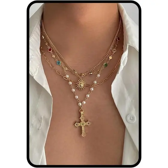 Gold Silver Layered Cross Necklace Set For Women, 4Pcs Gold Chain Pearl Cross Chunky Choker Colorful Rhinestone Sun Pend