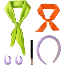 Tiara roxa, lenço de pescoço verde, brincos e batom roxos, lenço laranja - Conjunto de acessórios para fantasia de Hallo