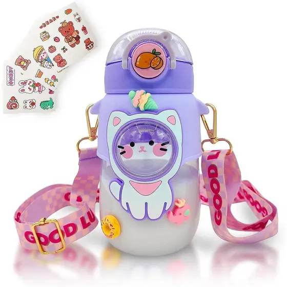 Garrafa de Água Kawaii, Garrafas de Água Fofas para Meninas, Garrafa de Água Kawaii com Canudo e Alça Ajustável