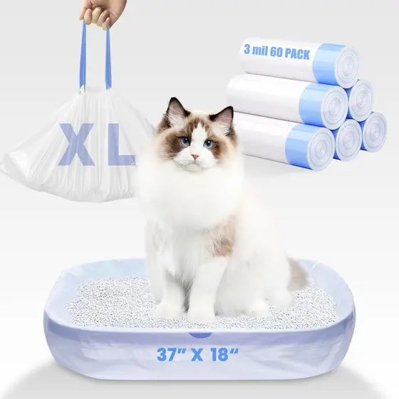 Pacote Com 60 Sacos De Areia Para Gatos Jumbo-Forros De Caixa À Prova De Vazamentos Extra Grossos De 3MIL , Cordão Resis