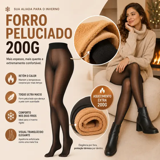 Meia Calça com Forro Pelúcia Preto Translúcido, Alta Elasticidade e Super Quente – Uso Diário e Festas