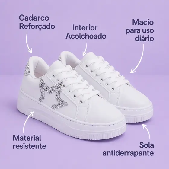 Tenis Feminino Branco Com Brilho Sapato Confortavel Moda Design Moderno Casual Macio Leve Lindo