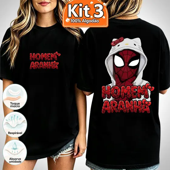 Kit 3 Camiseta Oversized Estampa Homem-Aranha Estilo Cartoon Kawaii 100% Algodão Plus Size Unissex