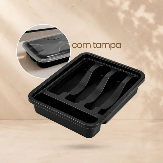 Porta Talheres Com Tampa 4 Divisórias Organizador Cozinha Plástico Branco Compacto Multiuso
