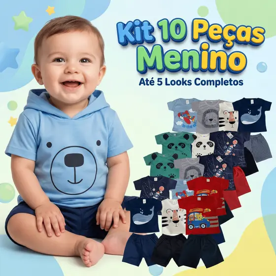 Kit 10 Peças Menino Conjunto  Bebê Infantil Estampas Divertidas Inverno 5 Camisas 5 Bermudas Algodão