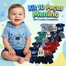 Kit 10 Peças Menino Conjunto  Bebê Infantil Estampas Divertidas Inverno 5 Camisas 5 Bermudas Algodão