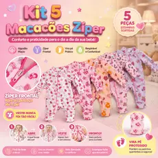 Kit 5 Macacão Menina Bebê Estampado Ziper Algodão Vira Pé Inverno Verao Infantil Macio Macacões