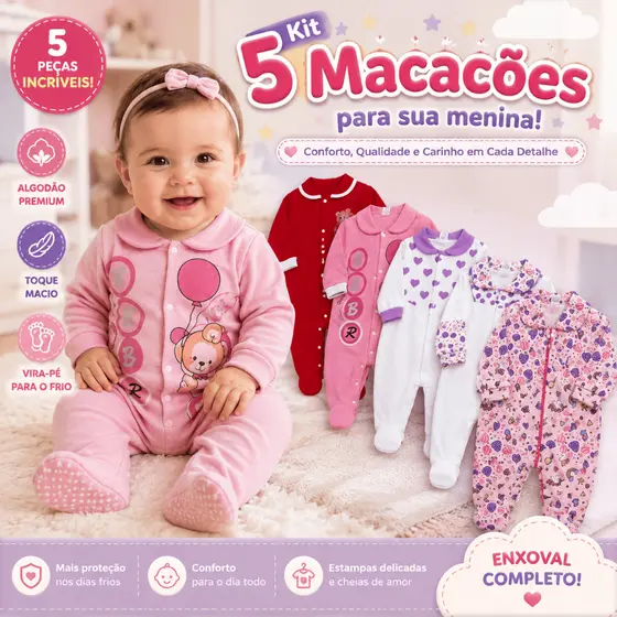 Kit 5 Macacões Bebê Menina Algodão Vira Pé Inverno Estampado Macio Confortável Enxoval