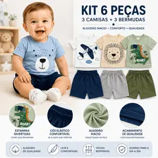 Kit 6 Peças Menino Conjunto  Bebê Infantil Estampas Divertidas Inverno 3 Camisas 3 Bermudas Algodão
