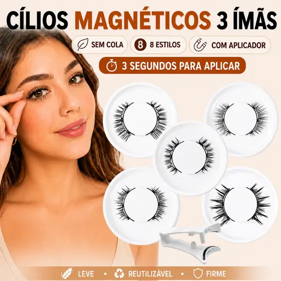 Cílios Magnéticos 3 Ímãs sem Cola com Aplicador 8 Estilos Reutilizáveis