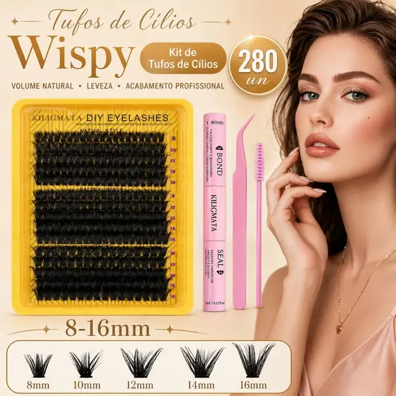 Kit Cílios 280pcs Efeito Salão + Cola e Pinça Rosa
