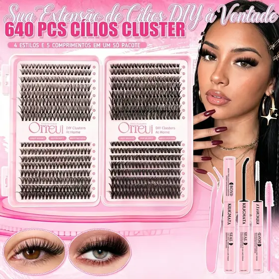 Kit Cílios em Tufos DIY 640pcs com ou sem Cola Selante Pinça Escova