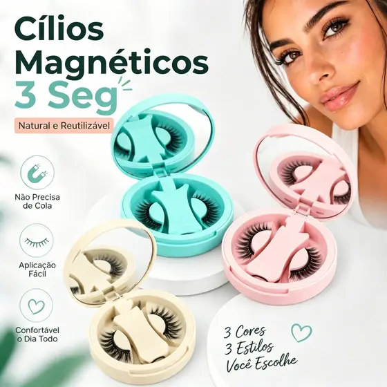 Kit Cílios Magnéticos Sem Cola 10+ Estilos, 3 Cores, Reutilizável