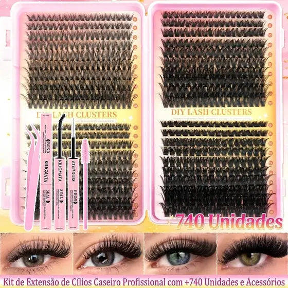 Kit Cílios Cluster 30D/60D/80D/100D 740pcs Com Cola Pinça Escova