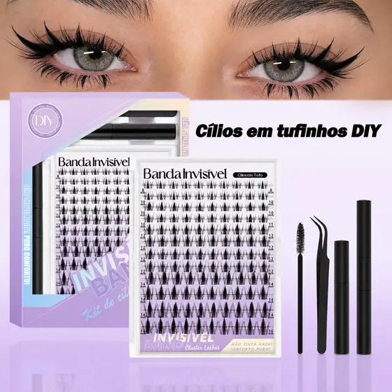 Kit Cílios Postiços DIY Banda Invisível Natural Cat Eye + Cola