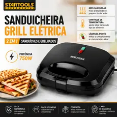 Sanduicheira Grill Startools Preta 127V Preta Elétrica 750w Ultra Rápido, e Outros Petiscos