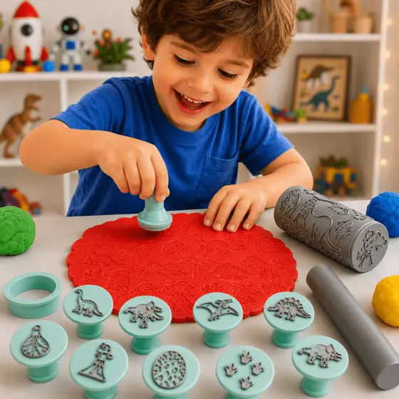 Brinquedo Kit Carimbos para Massinha Dinossauros com Rolo Texturizado e Cortadores Educativo Infantil