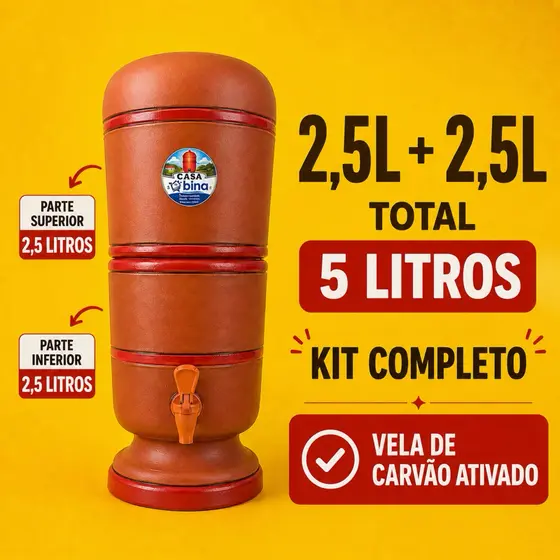 Filtro de Barro 2,5 Litros + 2,5 Litros Kit Completo 1 Vela Carvão Ativado + 1 Boia + 1 Torneira