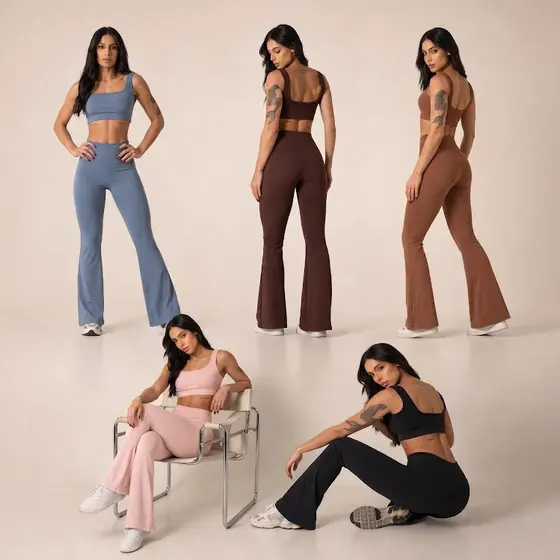 Conjunto Feminino Calça Flare Bailarina Academia Fitness Toque Poliamida Cintura Alta Treino