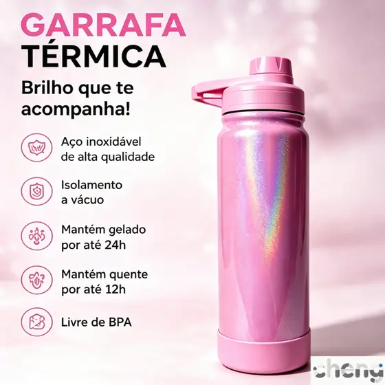 Garrafa Térmica Com Glitter Efeito Arco-íris Inox Brilhante com Base de Silicone - Ideal para Academia, Escola e Diaria