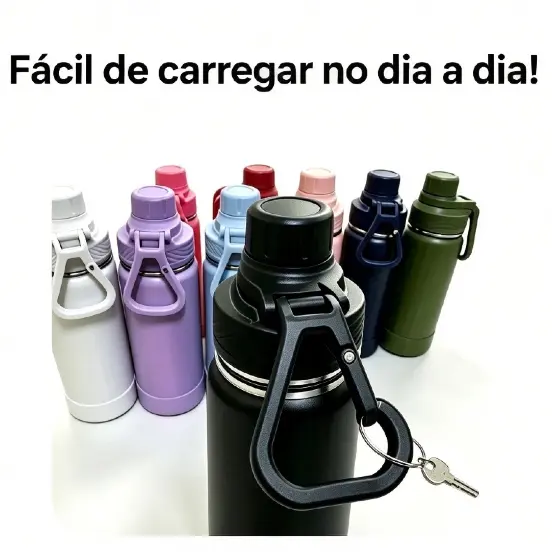 Garrafa Térmica Com Alça Mosquetão Inox Com Alça Mosquetão Portátil Conserva Quente e Frio Academia Treino 600ml