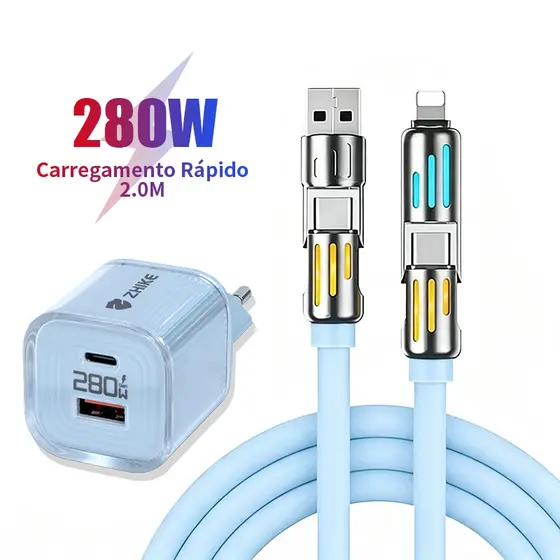 Kit Cabo Carregador Carregamento Rápido Adaptador GaN 4 em 1 Tipo C iP 2.0M Silicone Dados