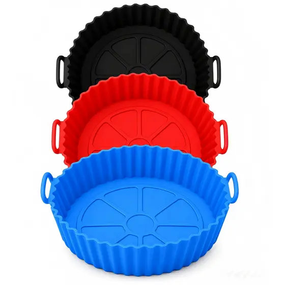 Forma Silicone Redonda Alça Air Fryer 22cm Antiaderente Reutilizável