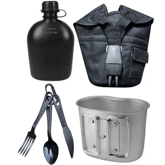 Kit River Cantil + Porta Cantil Preto + Talher + Caneca Alumínio