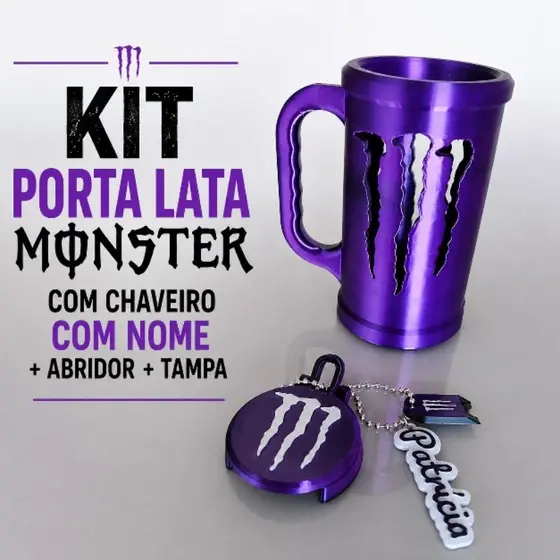 Kit Caneca Porta Lata Monster \ Personalizado\ Chaveiro com o nome\ Tampa\ Abridor