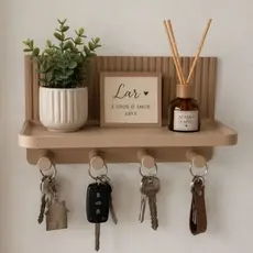Kit Porta-Chaves Gancho Decorativo com Prateleira e Vaso Decorativo Minimalista 4 Ganchos