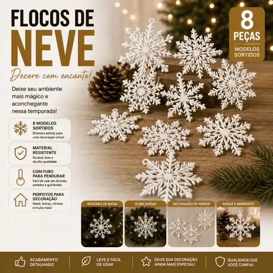 Flocos de Neve 10 Pingentes Grande Decorativos para Árvore de Natal Enfeite Natalino Branco Decoração Natalina
