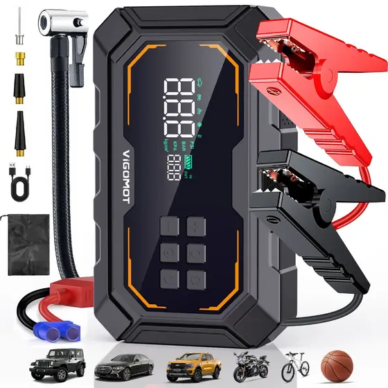 VIGOMOT Auxiliar de Partida Veicular 4 em 1 Com Compressor Digital, 6000mAh, 1000A de Pico e Power Bank