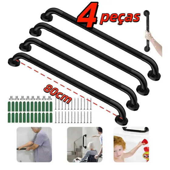 Suporta 227kg Kit 4 Barras de Apoio 80cm Inox 304 Antiderrapante Preta/Prata, Para Banheiro