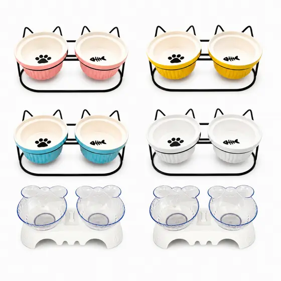 Comedouro e Bebedouro Duplo Pet Cerâmica Cão Gato com Apoio Base