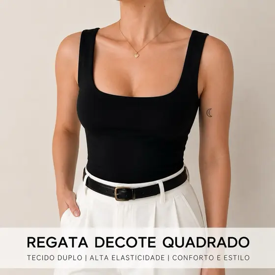 Regata Blusa Feminina Suplex Forrada Decote Quadrado Alça Tendencia Verao Basica Fitness Academia Casual