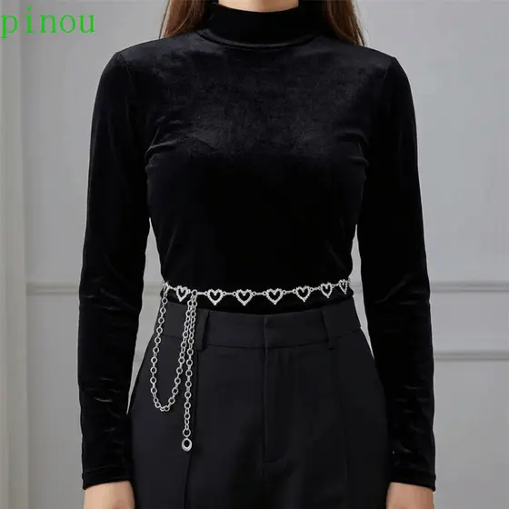 PINOU Joias Corporais , Corrente De Cintura De Coração De Strass De Metal , Borla , Biquíni Texturizado Barriga , Jeans
